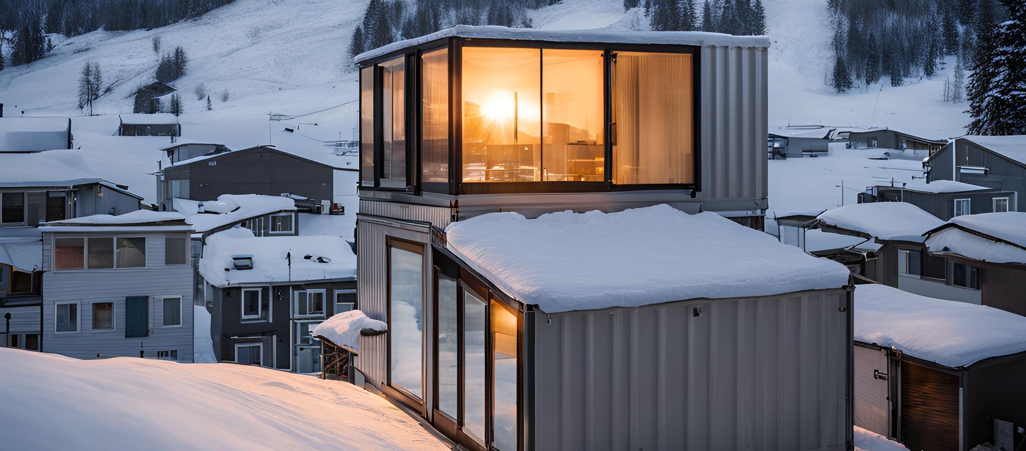 Sunrise over snow Container house in citycapped mountains